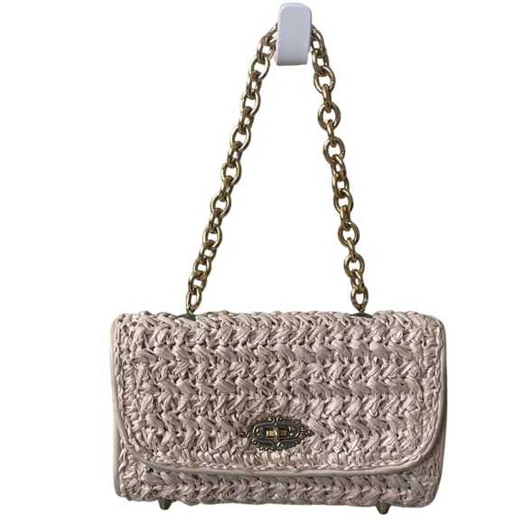 Winkelman's Straw Woven Clutch Bag Gold Chain Strap Purse‎ Vintage Japan EUC